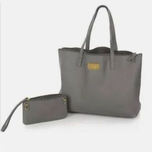 Joy Mangano Gray Leather Tote Bag Set with Matching Pouch